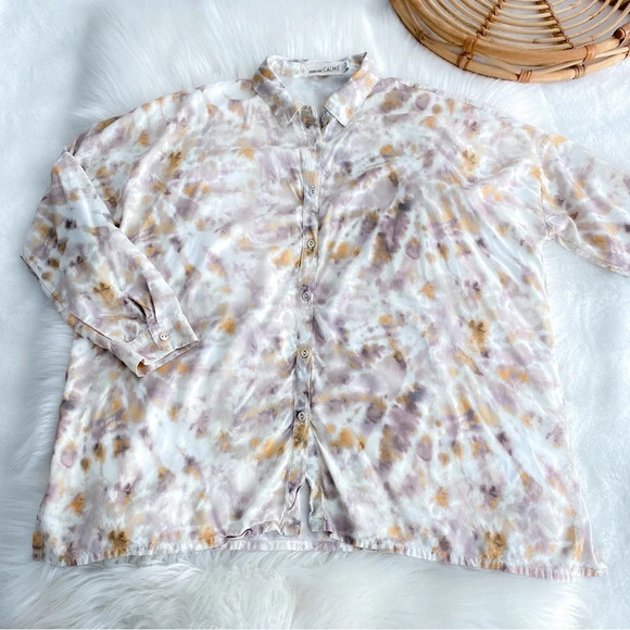 Johnny Was Calme Relaxed Boxy Button Up Blouse Creak Long Sleeve Tie Dye XS - Picture 6 of 11